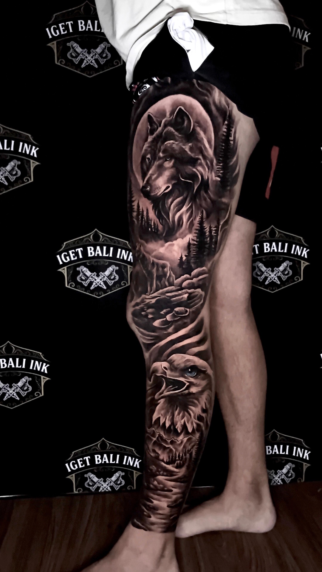 Wolf, forest and eagle black and grey full leg sleeve