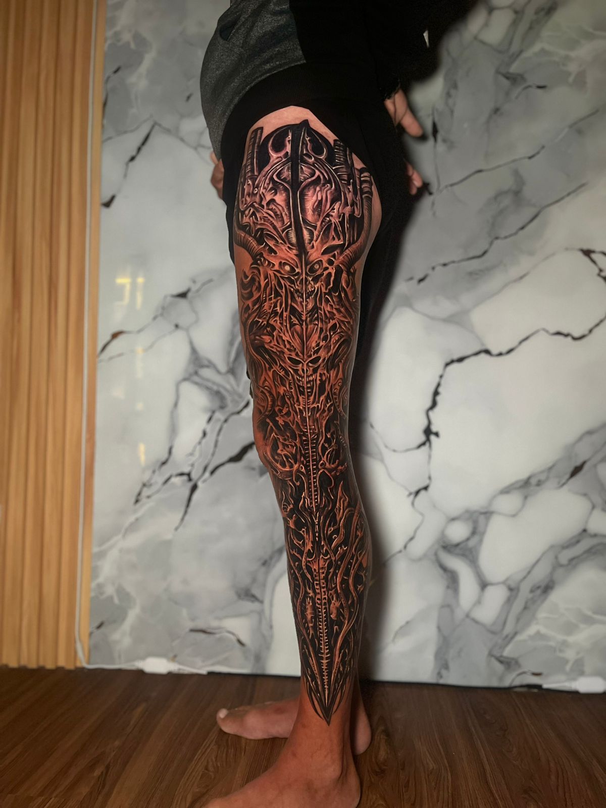 Biomechanical full leg sleeve in black and grey