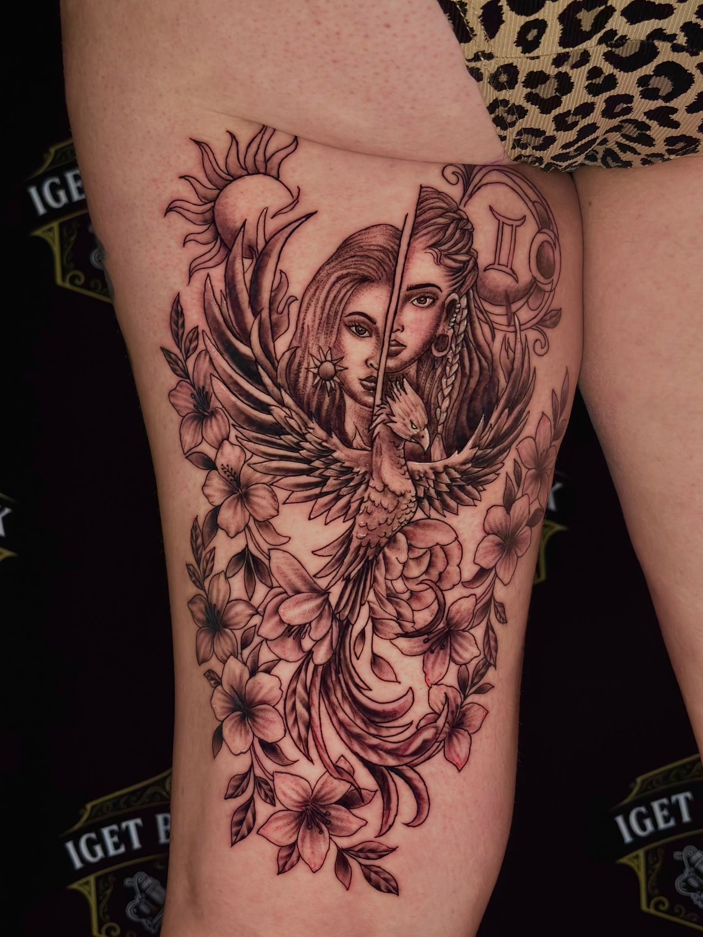 Phoenix and Gemini thigh piece with hibiscus florals