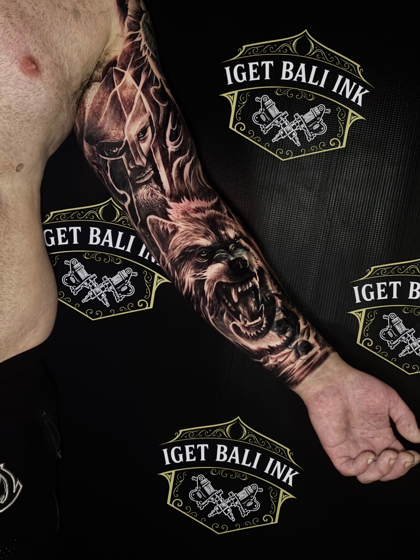 Warrior and bear full sleeve in black and grey realism