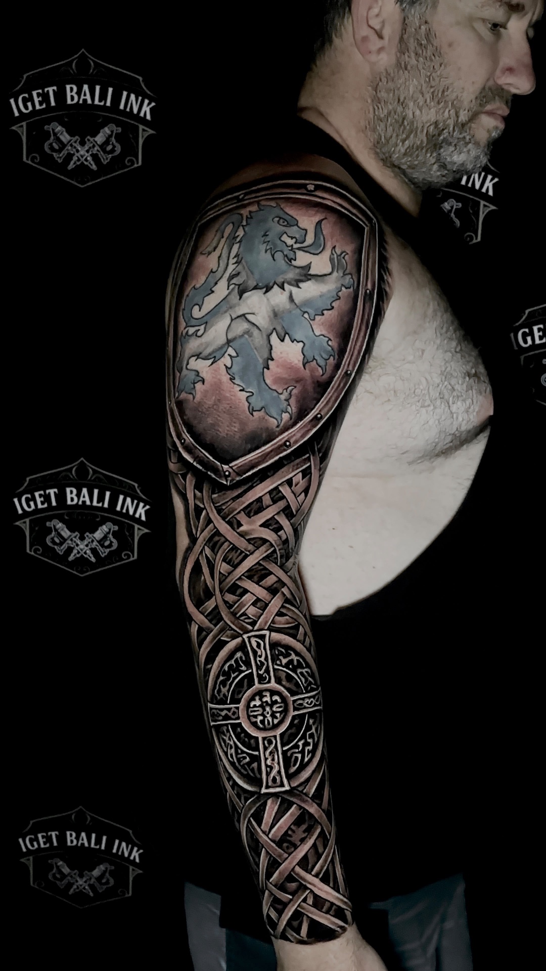 Scottish lion shield and Celtic knotwork full sleeve