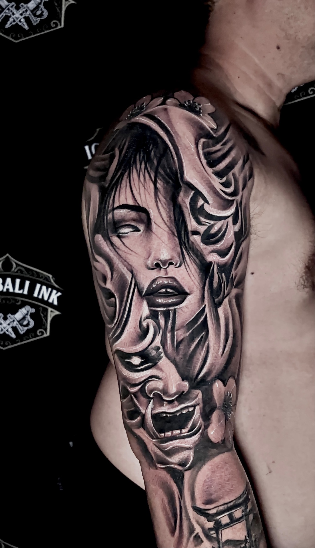 Black and grey geisha and hannya mask half sleeve