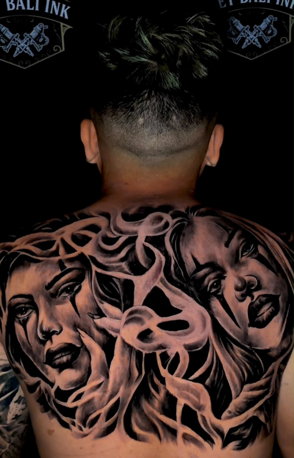 Black and grey two faces and roots full back piece