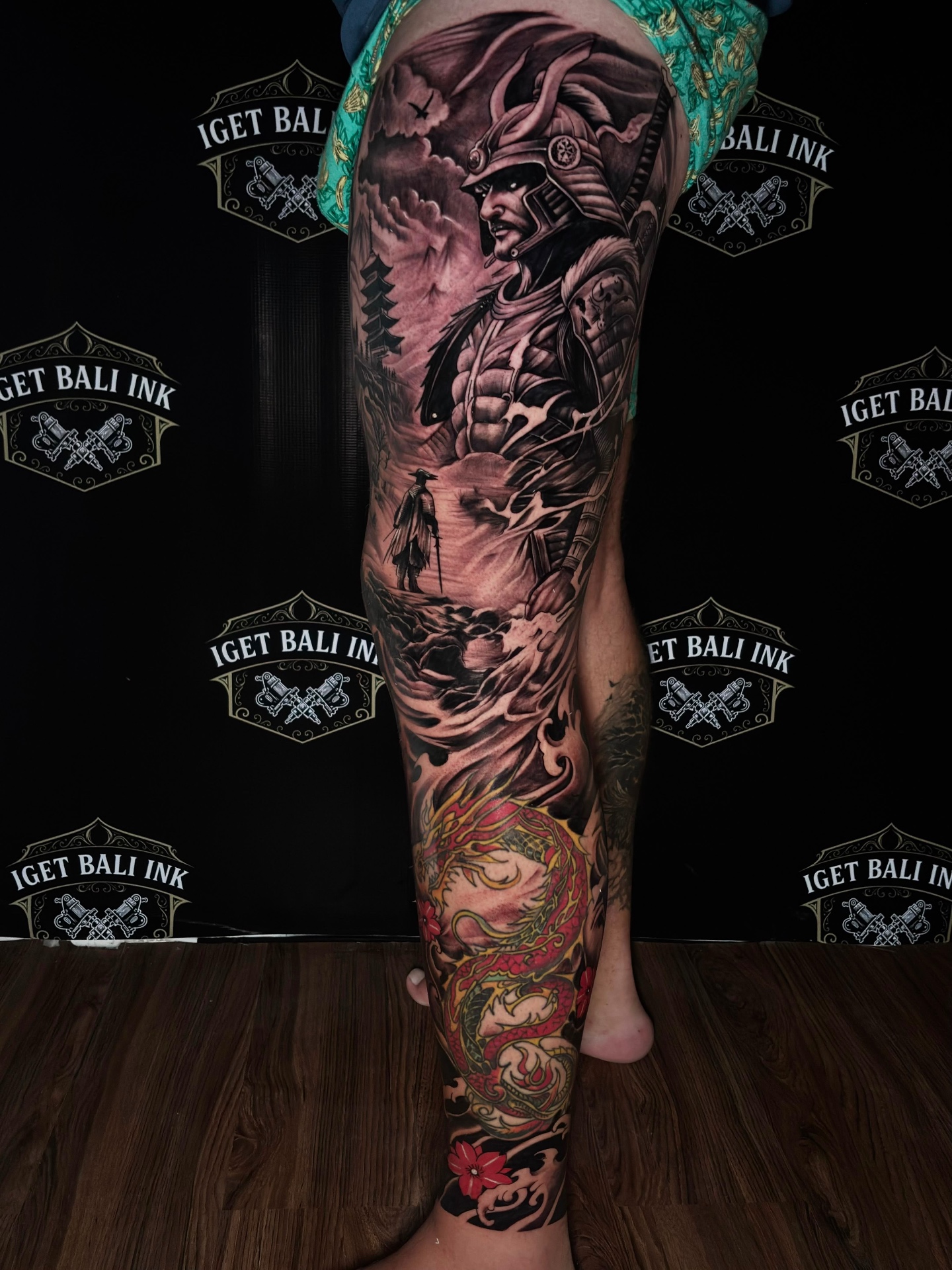 Samurai warrior and colour dragon full leg sleeve