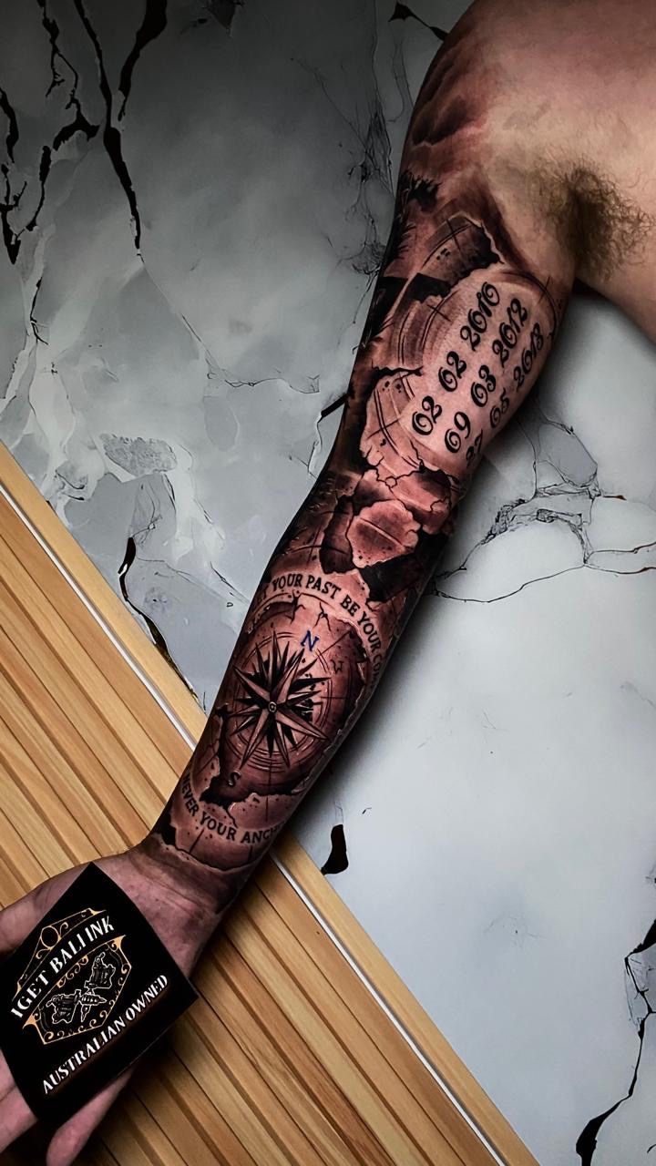 Compass, map and dates full sleeve in black and grey