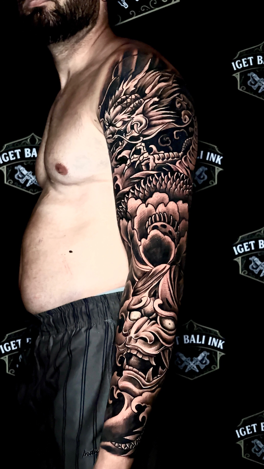 Black and grey Japanese dragon and oni full sleeve