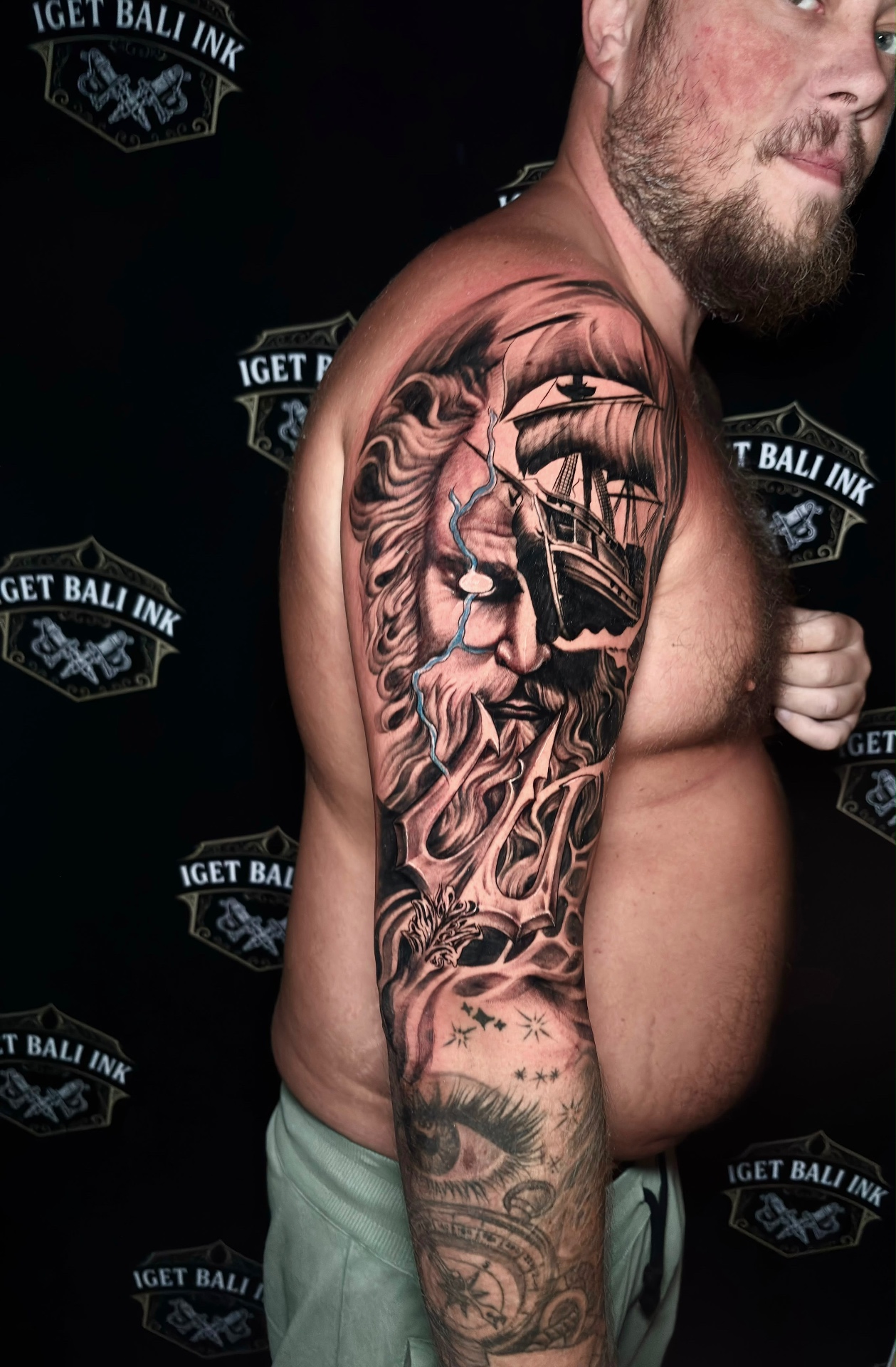Poseidon with trident and galleon ship half sleeve