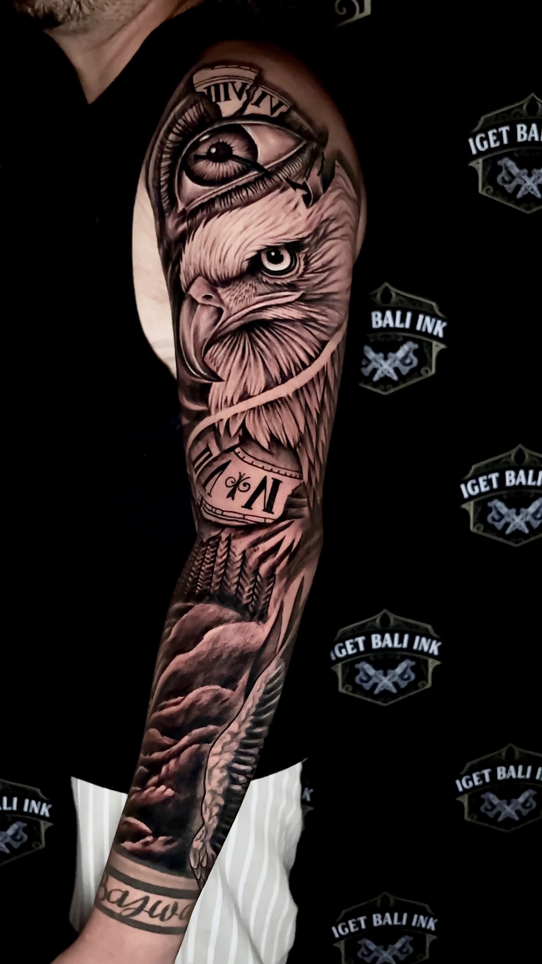 Black and grey eagle, all-seeing eye and clock full sleeve