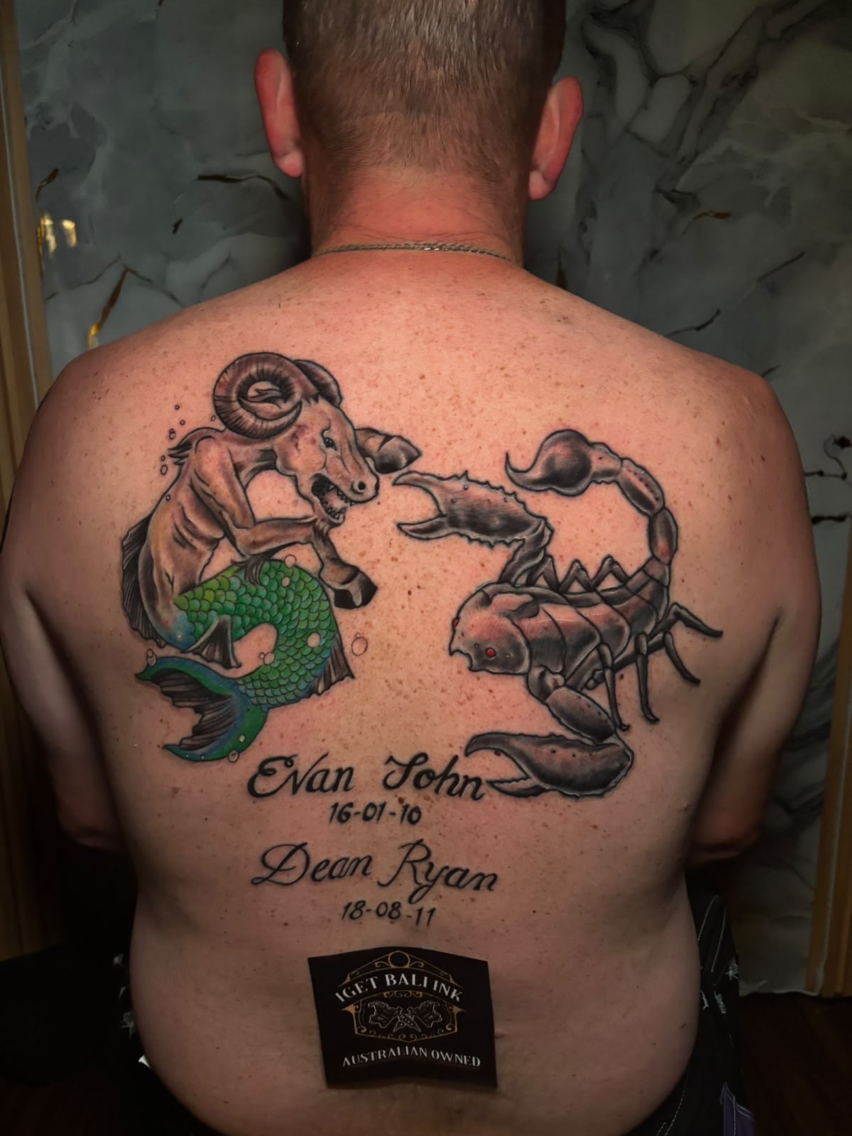 Capricorn and scorpion back piece with names and dates
