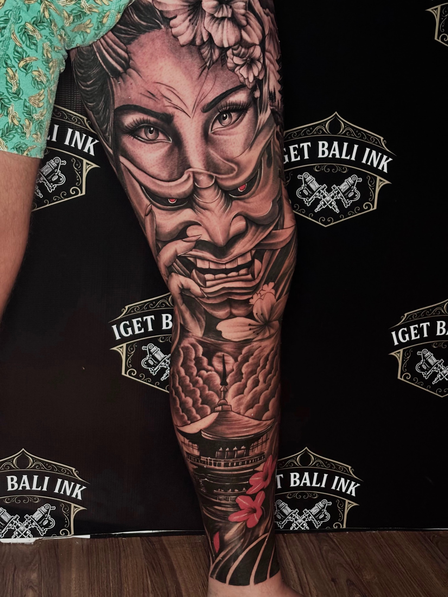 Hannya mask and geisha black and grey leg sleeve with temple and cherry blossom