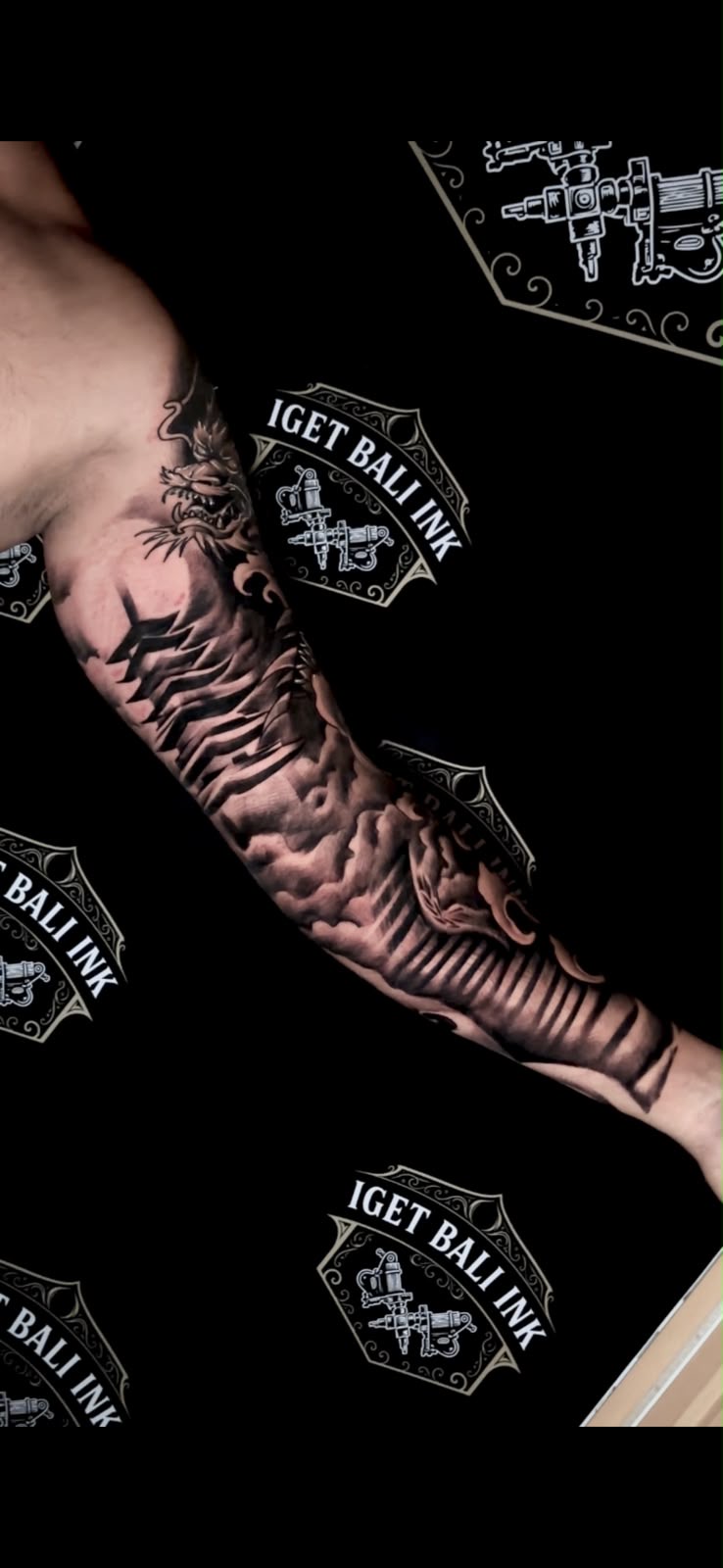 Black and grey dragon landscape sleeve