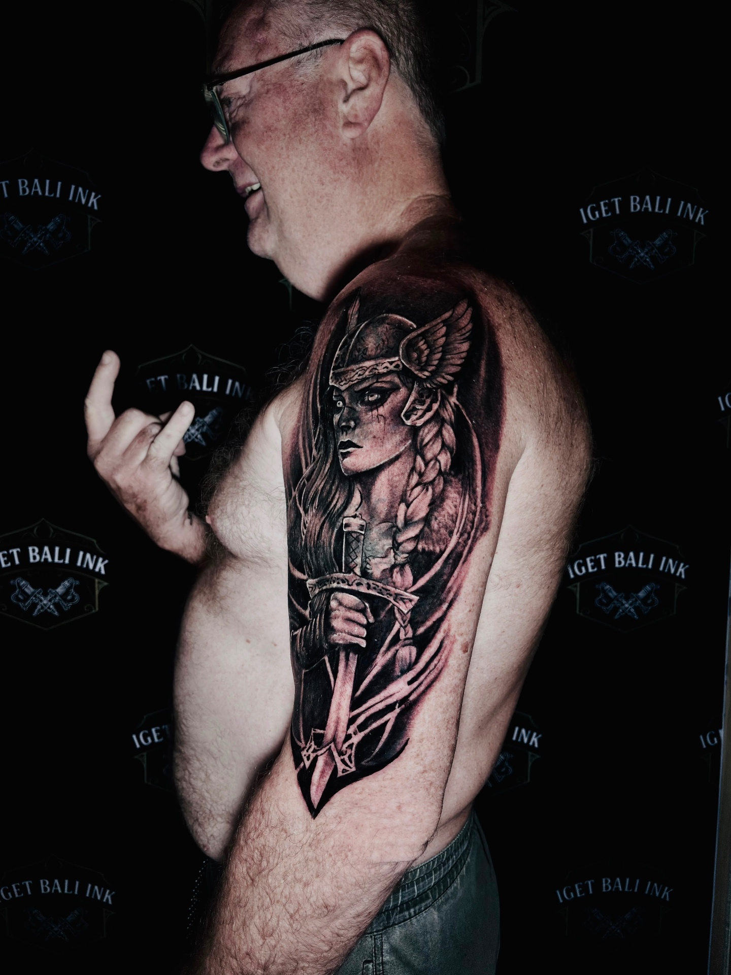 Black and grey valkyrie warrior with sword half sleeve