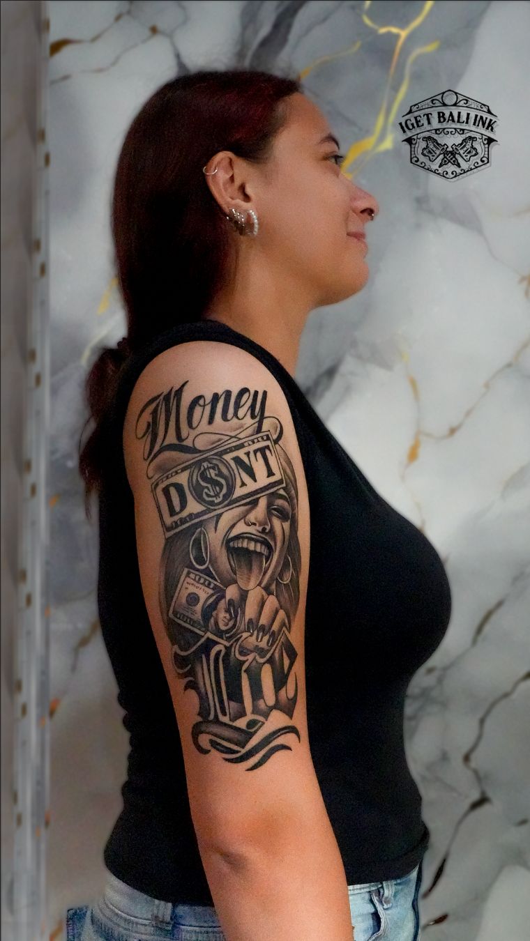 Black and grey chicano money themed half sleeve