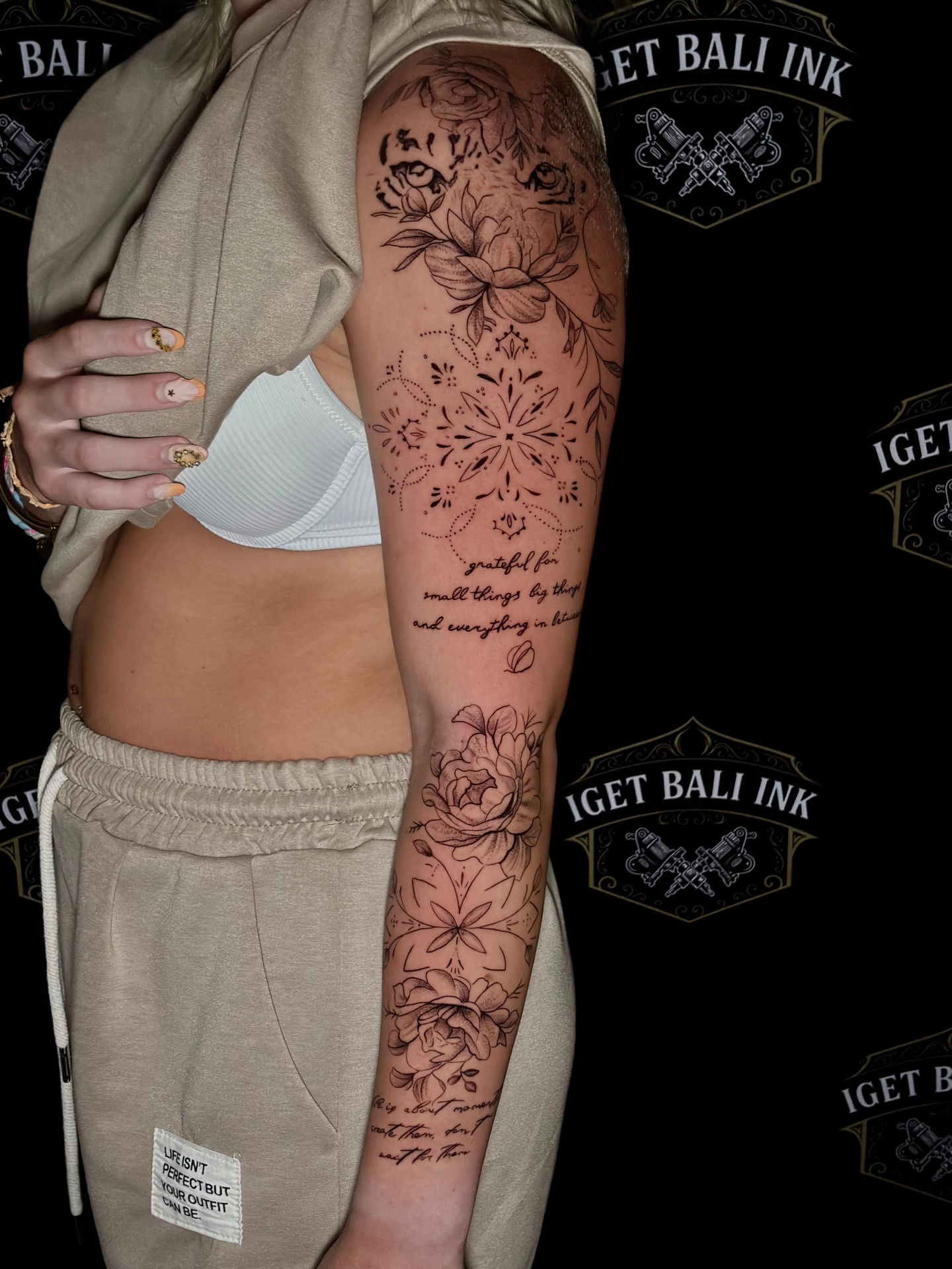 Fine line tiger, florals and script full sleeve