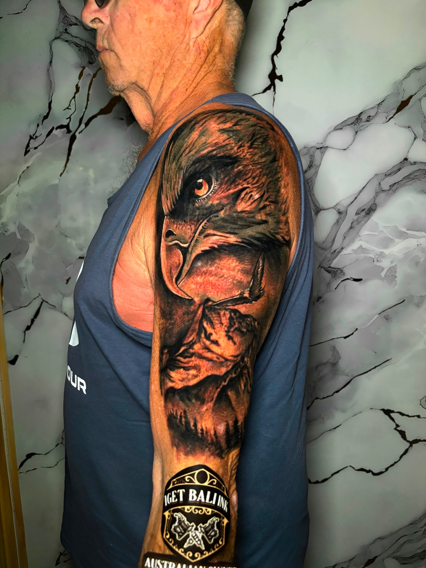 Realistic eagle and mountain landscape half sleeve
